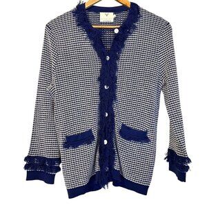 Edinburgh Knitwear Navy & White Fringe Trim Cardigan M Academia Scotland Luxury